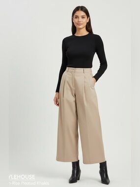 Zara Women's Khaki Tan Pleated High Rise Wide Leg Pants | Sz Small